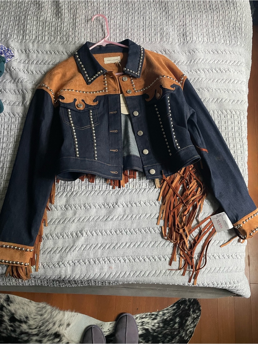 Cropped Suede-Trim Denim Jacket with Fringe - Navy & Tan